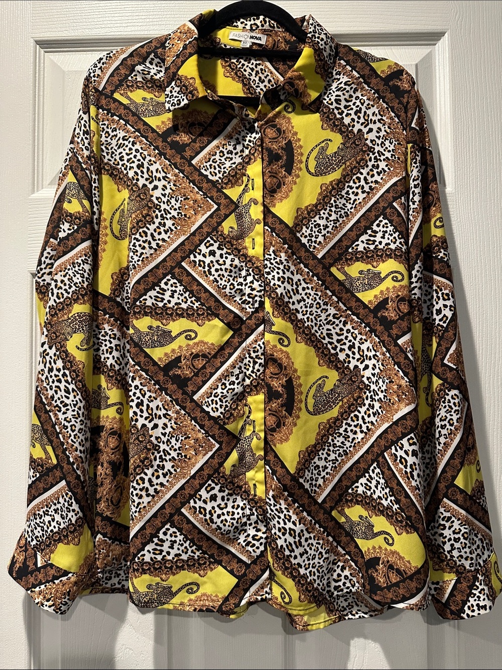 Fashion Nova Yellow, Brown & White Printed Button-Down Shirt